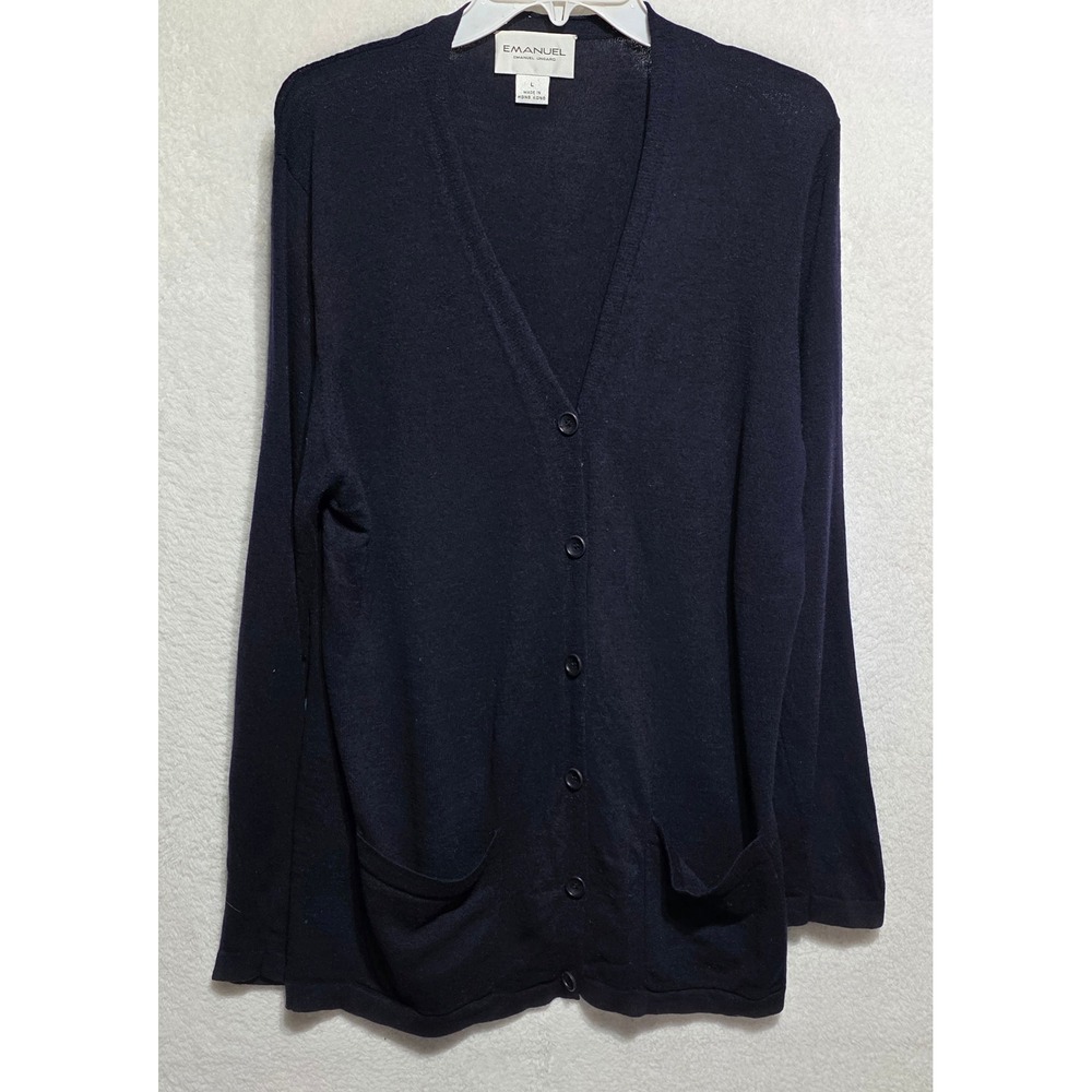 Emanuel Ungaro Navy Blue Button Front Cardigan Sweater Women's Large 100%‎ Wool